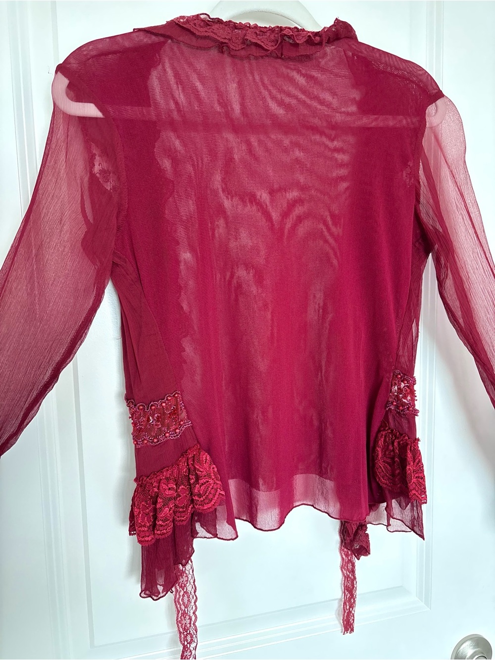 Vintage J2D 75% Silk Burgundy Beaded Ruffle Tie Front Blouse Fairycore Y2K S - Picture 7 of 11